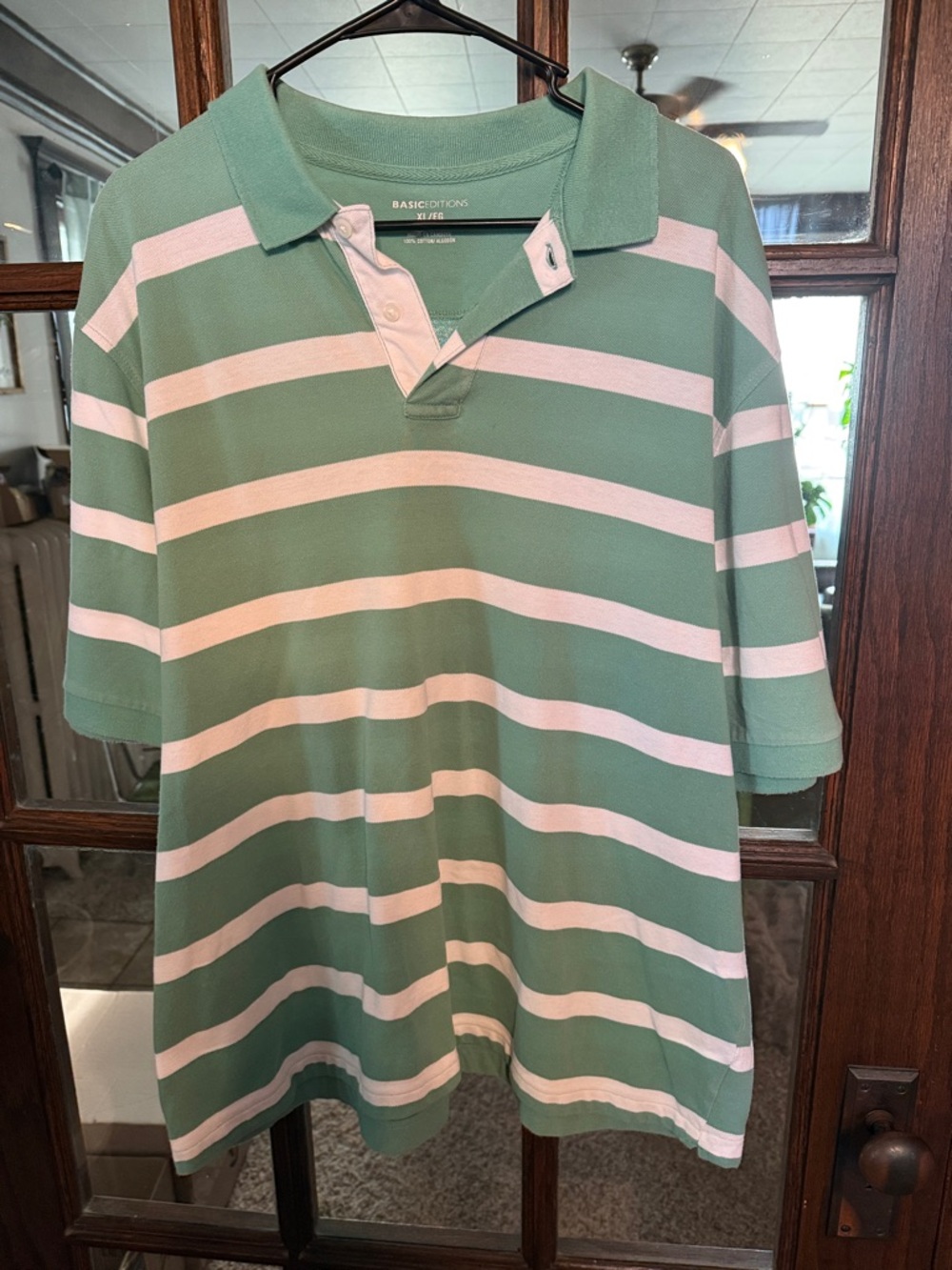 Basic Editions Mens‎ XL Polo Shirt Green White Striped Short Sleeve Cotton Pique